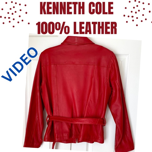 KENNETH COLE Ruby Red 100% Leather Belted Jacket L/M - Picture 4 of 10